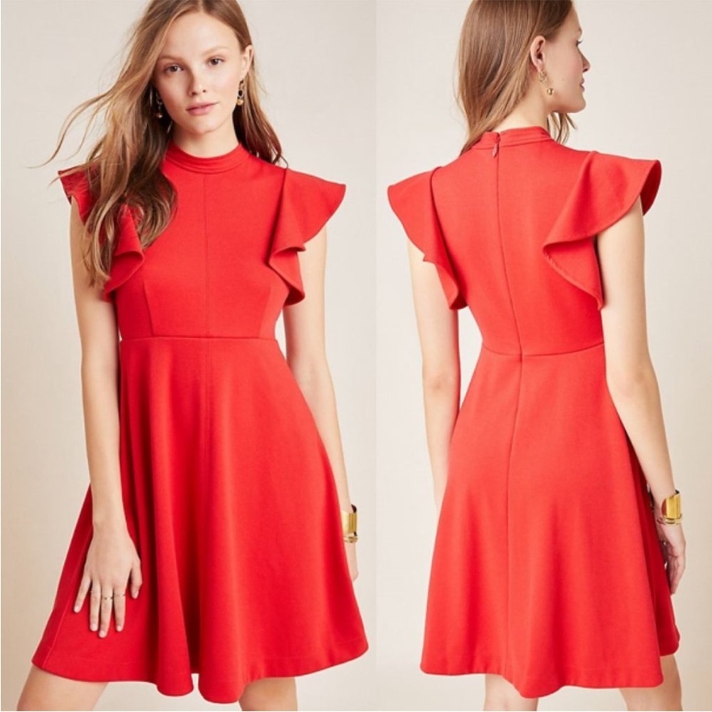 Anthropologie Maeve red Deena Mini Dress ruffle sleeve Small